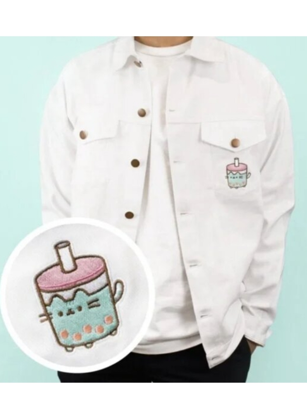 NEW Pusheen Bobasheen Cream White Denim Jean Jacket - Size XS Mens Unisex Womens